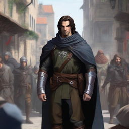 A good-looking, charismatic human rogue in a Dungeons & Dragons setting, addressing a crowd in a bustling medieval town square