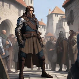 A good-looking, charismatic human rogue in a Dungeons & Dragons setting, addressing a crowd in a bustling medieval town square