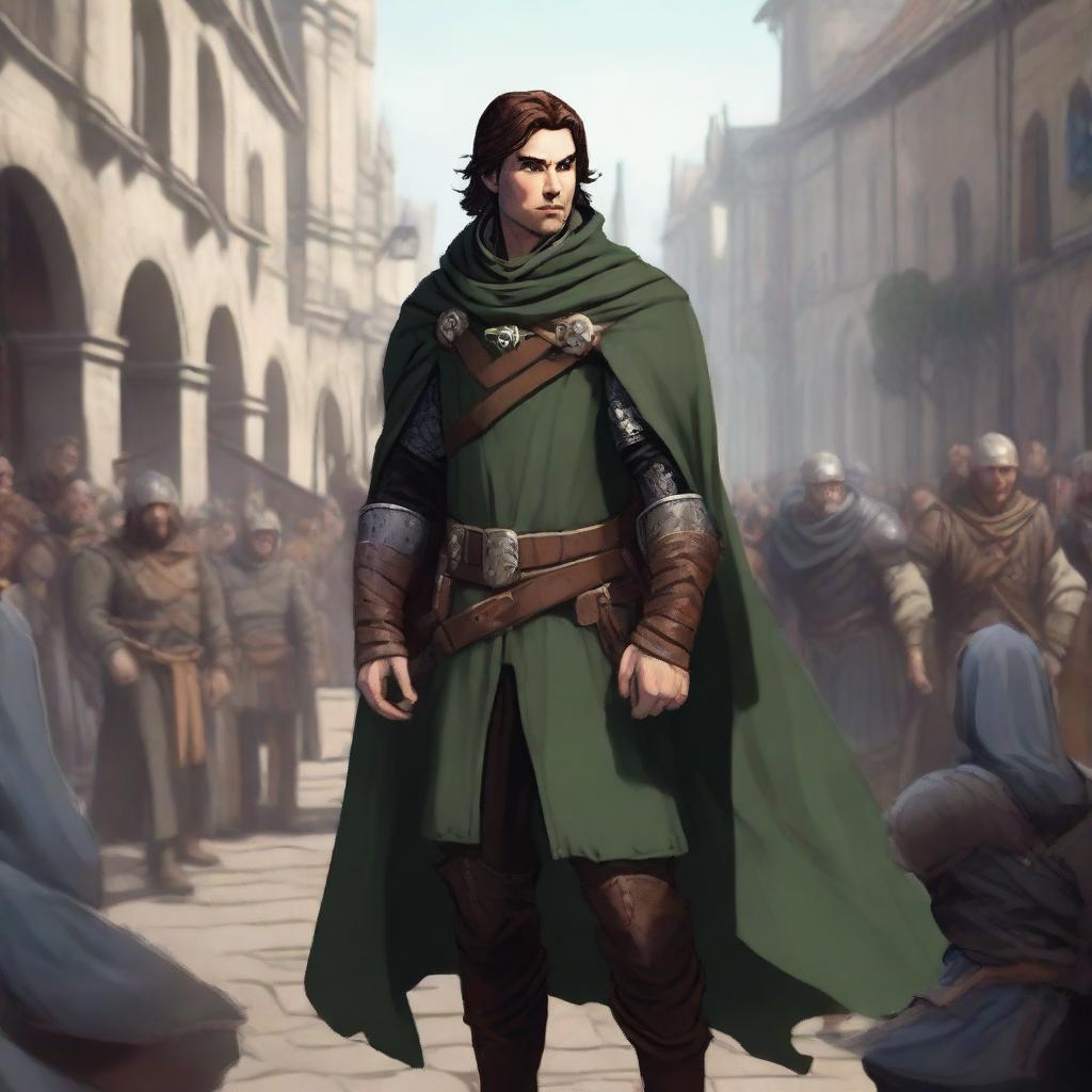 A good-looking, charismatic human rogue in a Dungeons & Dragons setting, addressing a crowd in a bustling medieval town square