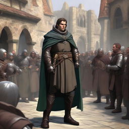 A good-looking, charismatic human rogue in a Dungeons & Dragons setting, addressing a crowd in a bustling medieval town square