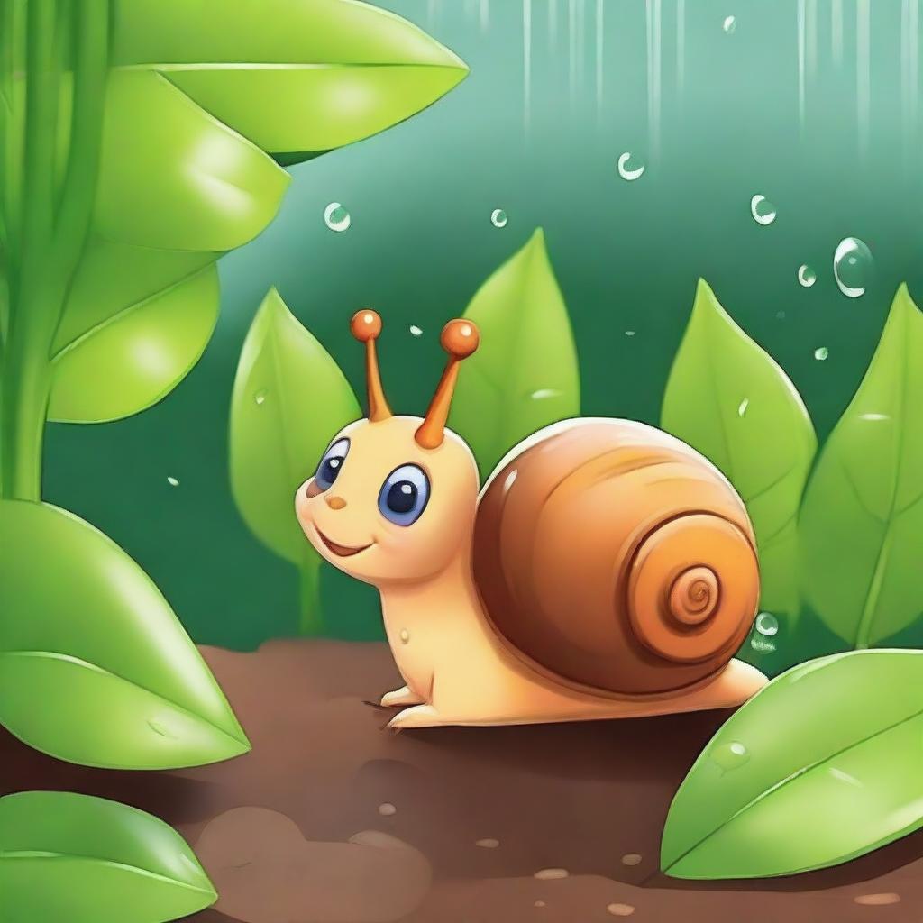 Emilia, an adorable snail, patiently waited under a leafy bush, listening to the pattering of raindrops around her