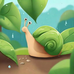 Emilia, an adorable snail, patiently waited under a leafy bush, listening to the pattering of raindrops around her