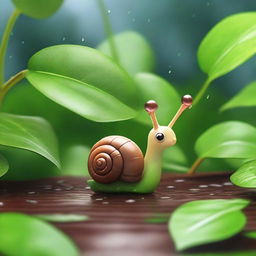 Emilia, an adorable snail, patiently waited under a leafy bush, listening to the pattering of raindrops around her