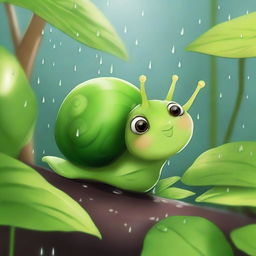 Emilia, an adorable snail, patiently waited under a leafy bush, listening to the pattering of raindrops around her