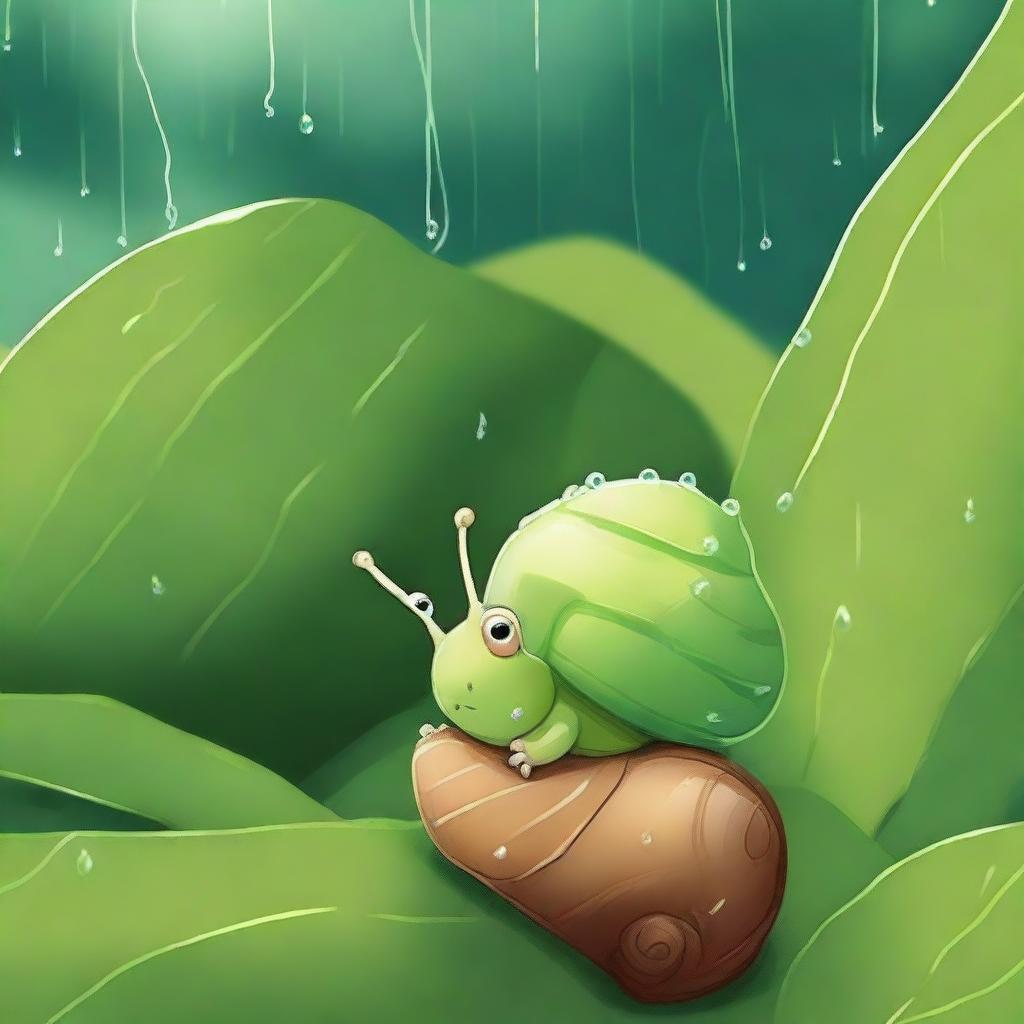 Emilia, an adorable snail, patiently waited under a leafy bush, listening to the pattering of raindrops around her