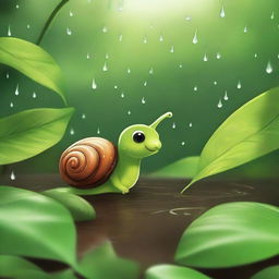 Emilia, an adorable snail, patiently waited under a leafy bush, listening to the pattering of raindrops around her