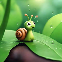 Emilia, an adorable snail, patiently waited under a leafy bush, listening to the pattering of raindrops around her