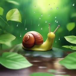 Emilia, an adorable snail, patiently waited under a leafy bush, listening to the pattering of raindrops around her