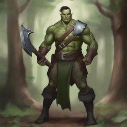 A handsome, tall half-orc ranger in a Dungeons & Dragons setting, dressed in green and brown attire