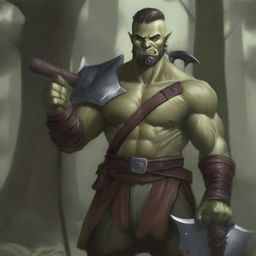 A handsome, tall half-orc ranger in a Dungeons & Dragons setting, dressed in green and brown attire