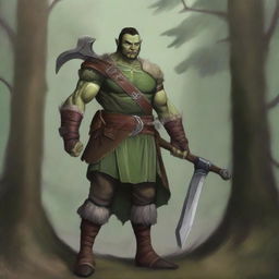 A handsome, tall half-orc ranger in a Dungeons & Dragons setting, dressed in green and brown attire