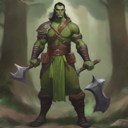 A handsome, tall half-orc ranger in a Dungeons & Dragons setting, dressed in green and brown attire