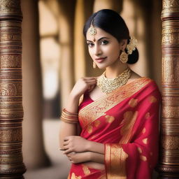 A beautiful Indian woman wearing a traditional saree, posing gracefully