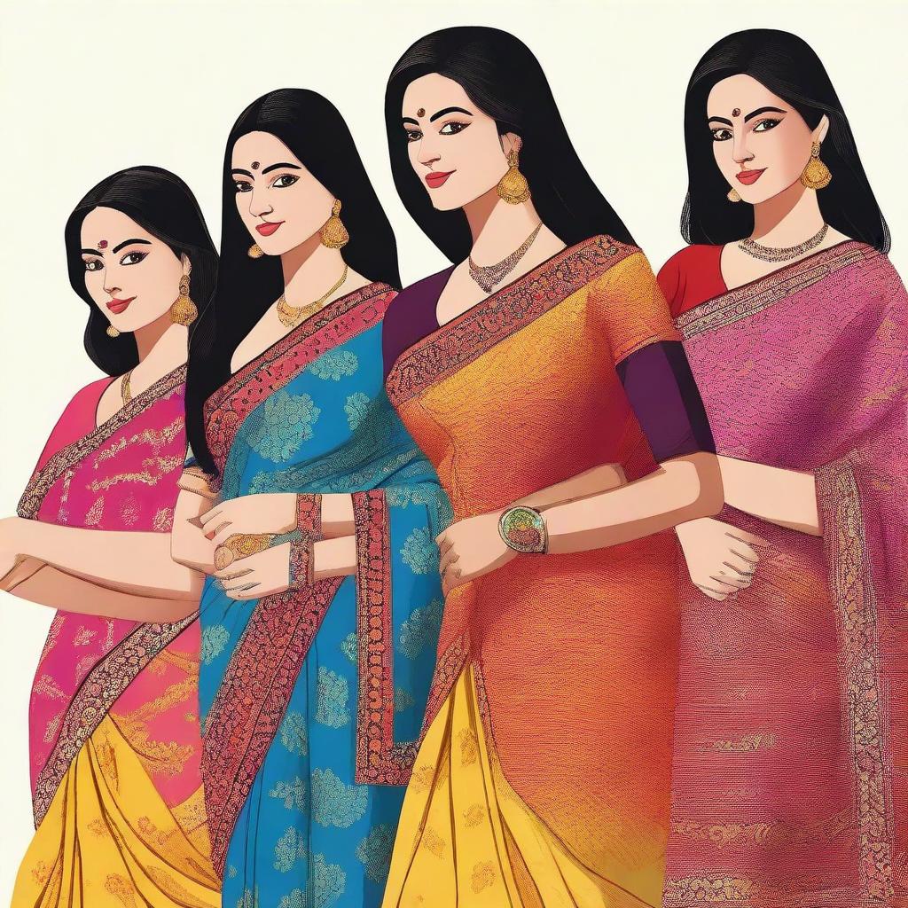 An image featuring Indian women wearing traditional sarees with half blouses