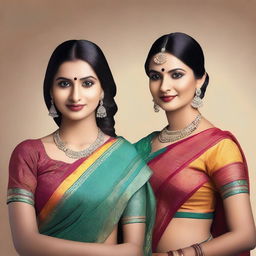 An image featuring Indian women wearing traditional sarees with half blouses