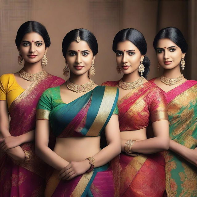 An image featuring Indian women wearing traditional sarees with half blouses