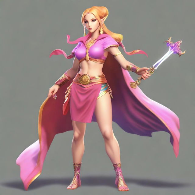 A red and golden-haired summer eladrin in a full body view, wearing a rainbow-colored outfit that shows her defined abs and strong muscles