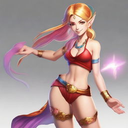 A red and golden-haired summer eladrin in a full body view, wearing a rainbow-colored outfit that shows her defined abs and strong muscles