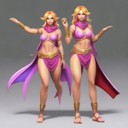 A red and golden-haired summer eladrin in a full body view, wearing a rainbow-colored outfit that shows her defined abs and strong muscles