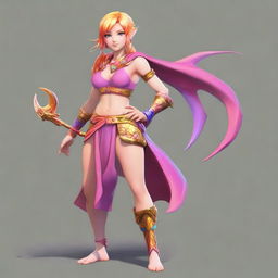 A red and golden-haired summer eladrin in a full body view, wearing a rainbow-colored outfit that shows her defined abs and strong muscles