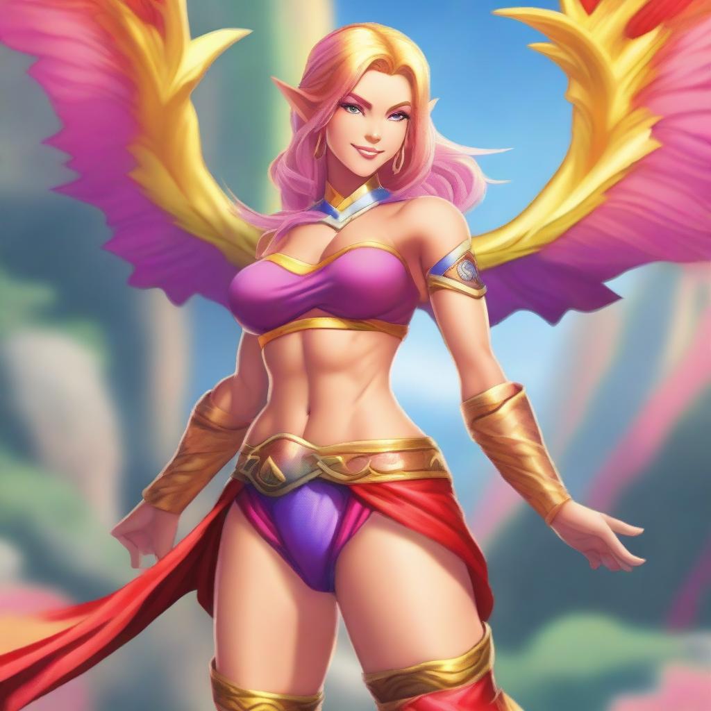 A red and golden-haired summer eladrin with a rainbow-colored outfit that shows her defined abs