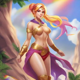 A red and golden-haired summer eladrin with a rainbow-colored outfit that shows her defined abs