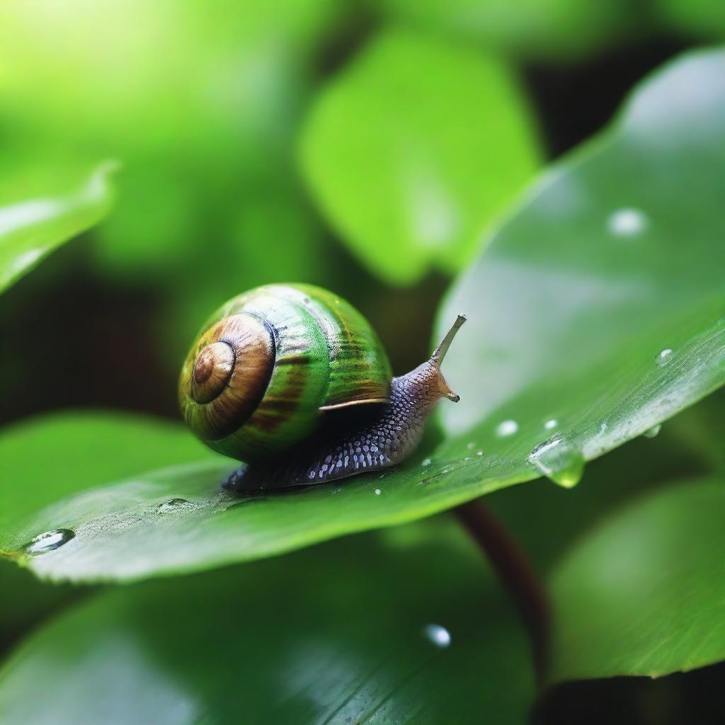 Under a leafy bush, Emilia, an adorable snail, waited patiently as the raindrops pattered down around her