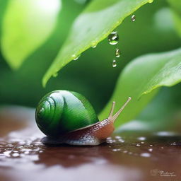 Under a leafy bush, Emilia, an adorable snail, waited patiently as the raindrops pattered down around her