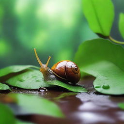 Under a leafy bush, Emilia, an adorable snail, waited patiently as the raindrops pattered down around her