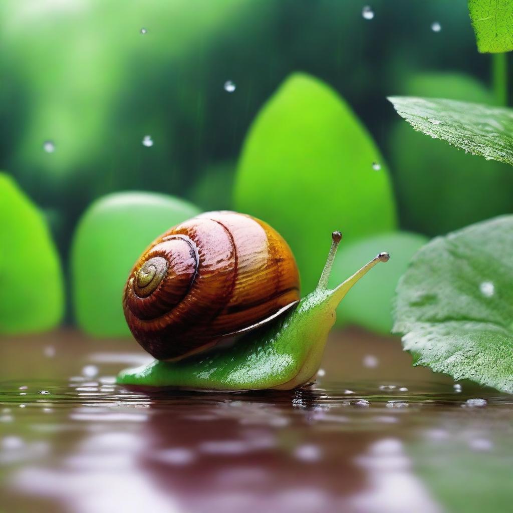 Under a leafy bush, Emilia, an adorable snail, waited patiently as the raindrops pattered down around her