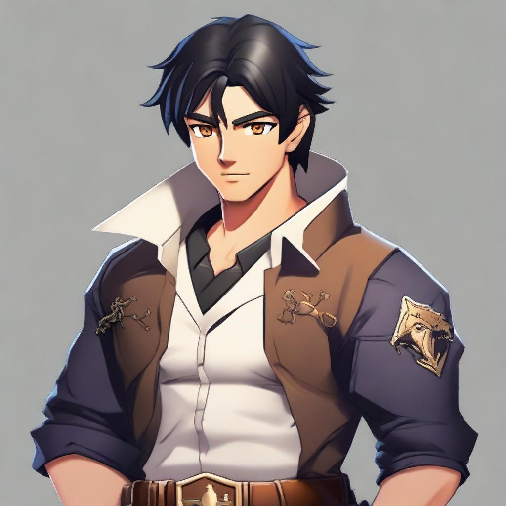 A white male character with black hair and honey-colored eyes, wearing adventurer's clothing