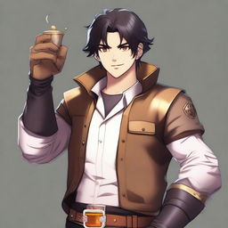 A white male character with black hair and honey-colored eyes, wearing adventurer's clothing