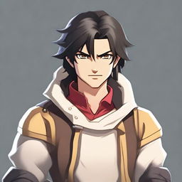 A white male character with black hair and honey-colored eyes, wearing adventurer's clothing