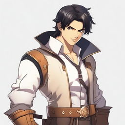 A white male character with black hair and honey-colored eyes, wearing adventurer's clothing