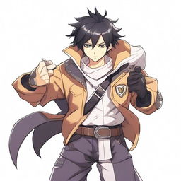 A white male character with black hair and honey-colored eyes, dressed in adventurer attire