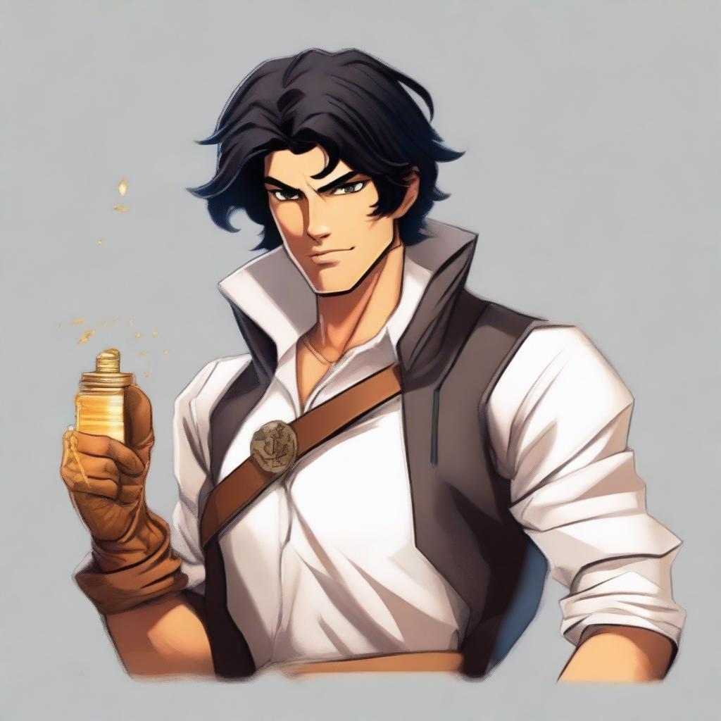 Create an image of a white male character with black hair and honey-colored eyes