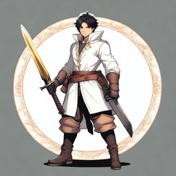 Create an image of a white male character with black hair and honey-colored eyes