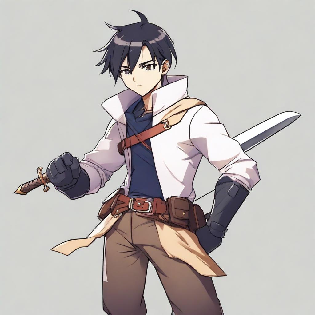 A white male character with black hair and honey-colored eyes, dressed in adventurer attire