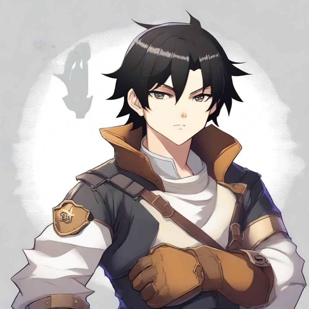 A white male character with black hair and honey-colored eyes, dressed in adventurer attire