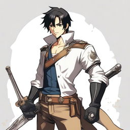 A white male character with black hair and honey-colored eyes, dressed in adventurer attire