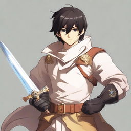 A white male character with black hair and honey-colored eyes, dressed in adventurer attire