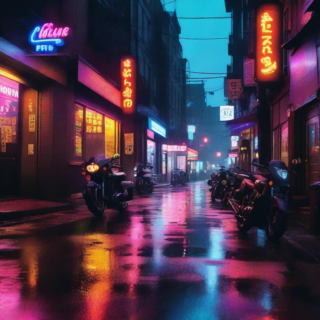 A rainy night city street with motorcycles parked along the sidewalk