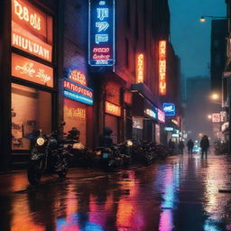 A rainy night city street with motorcycles parked along the sidewalk