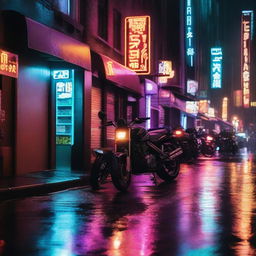 A rainy night city street with motorcycles parked along the sidewalk