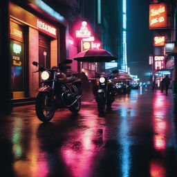 A rainy night city street with motorcycles parked along the sidewalk