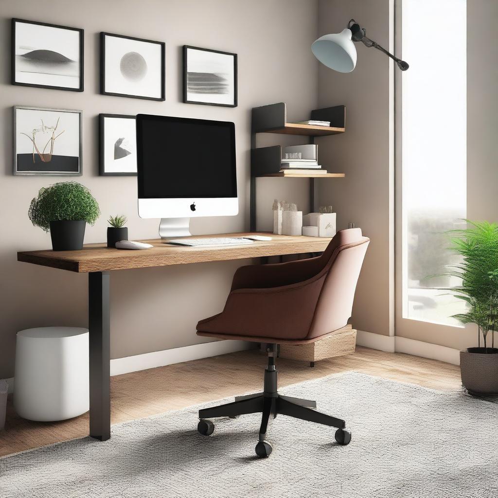 A modern L-shaped desk in a well-organized home office