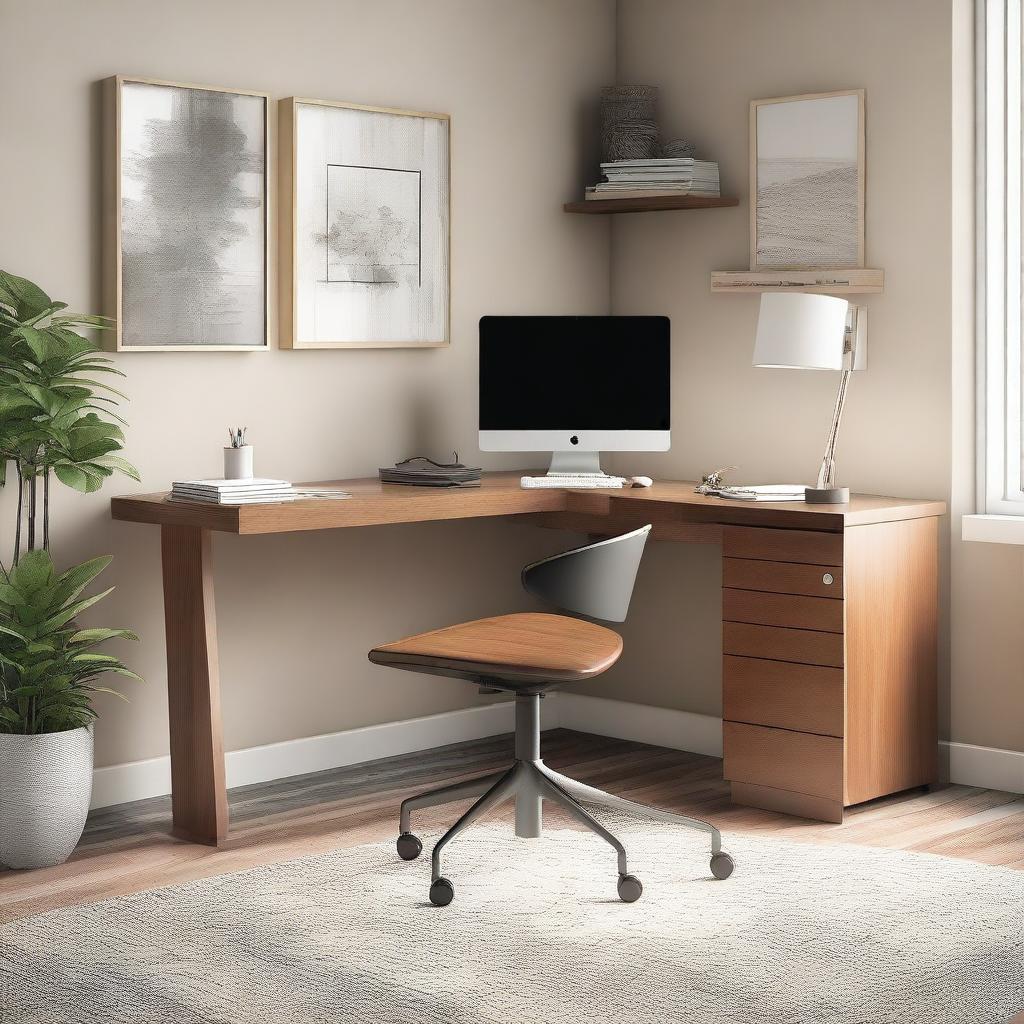 A modern L-shaped desk in a well-organized home office