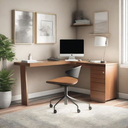 A modern L-shaped desk in a well-organized home office