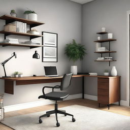 A modern L-shaped desk in a well-organized home office