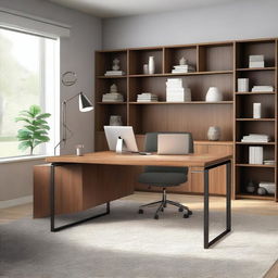 A modern L-shaped desk in a well-organized home office